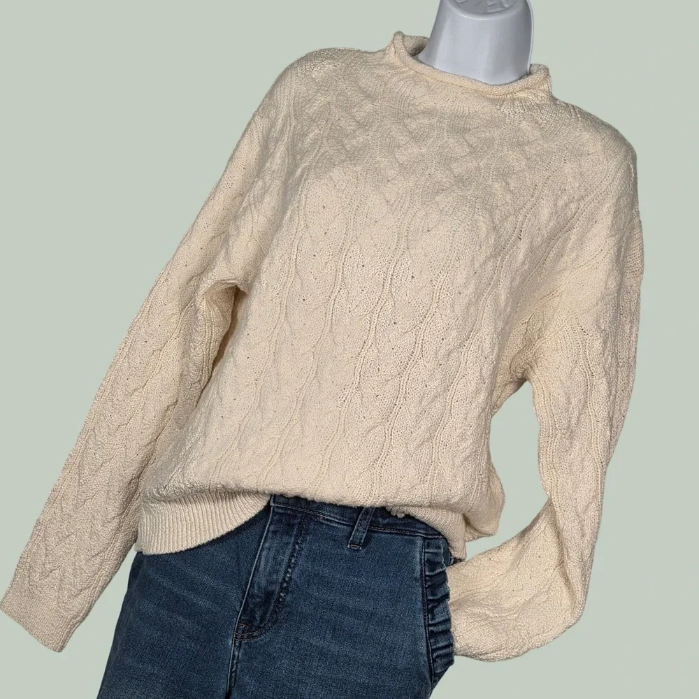 J.Crew 2025 Women Medium Roll Neck Cable Knit Sweater Ivory Cream Fisherman